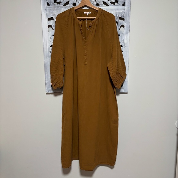 Sundry Dijon Brown Henley Loose Long Sleeve Gauze Cotton Midi Muslin Dress NWOT - Picture 5 of 13